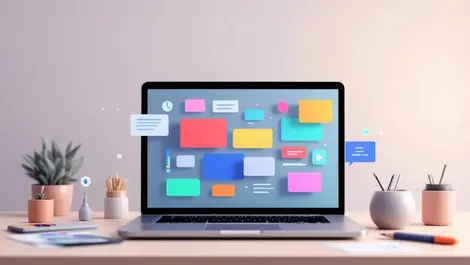 Visual app builder laptop draggable panels coding icons desk