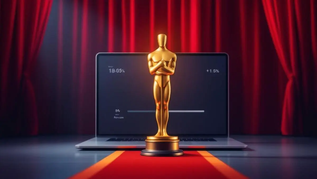 Gold oscar statuette red carpet to laptop streaming progress bar