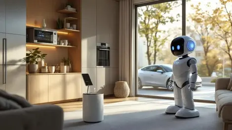 Sleek household robot in modern korean smart home with ev view