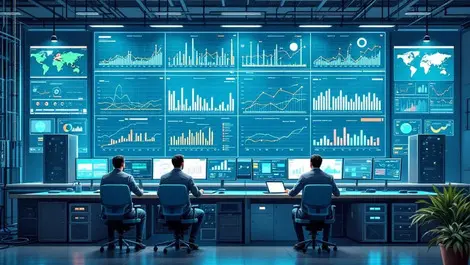 Telecom noc with ai analytics wall monitors and server racks