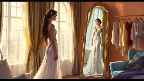 Young woman london bedroom mirror reflection in different gown
