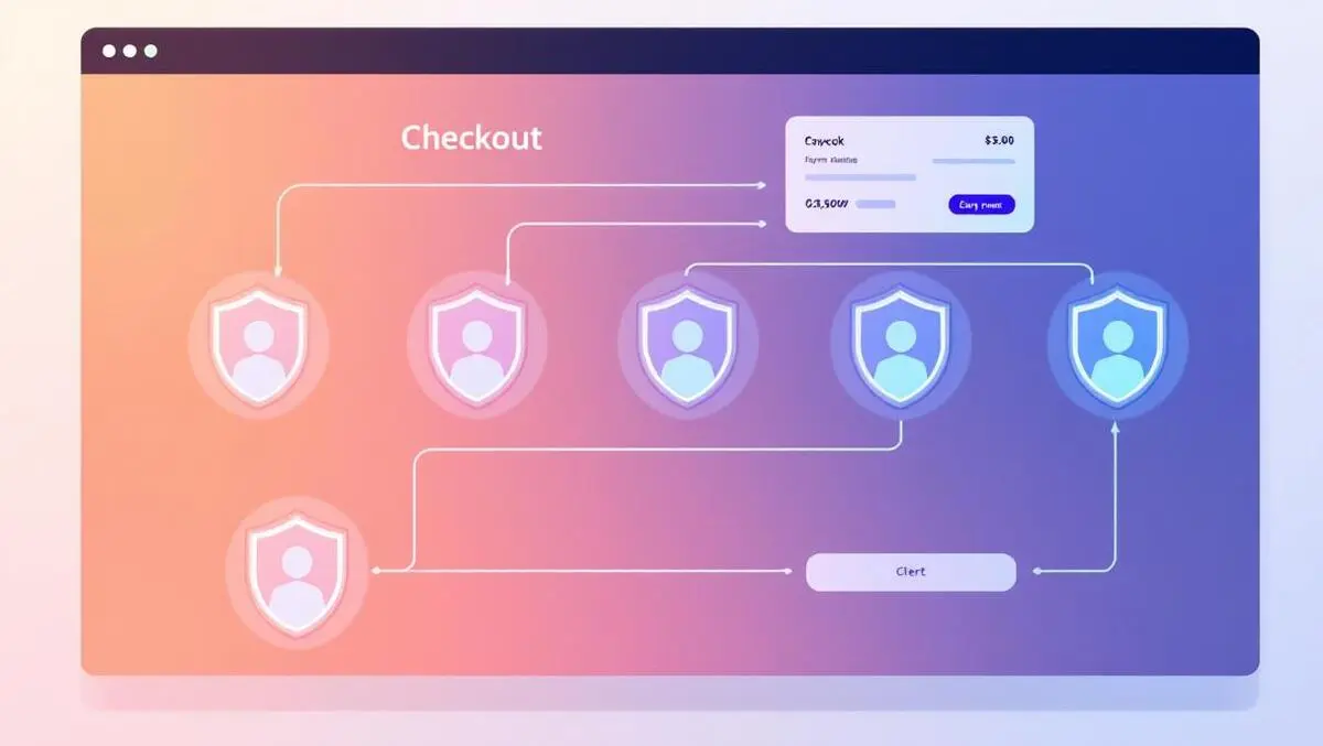 Ecommerce checkout dashboard parallel fraud paths translucent shields