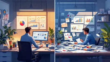 Ai marketing team tidy vs cluttered desk efficiency contrast scene