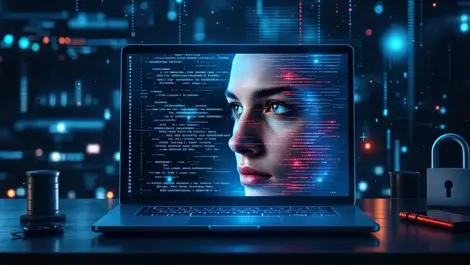 Cinematic laptop deepfake face binary code broken locks quantum ai